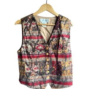 Vintage 80s Liz Claiborne Brown Western Paisley Button Front Vest Size 8P Petite